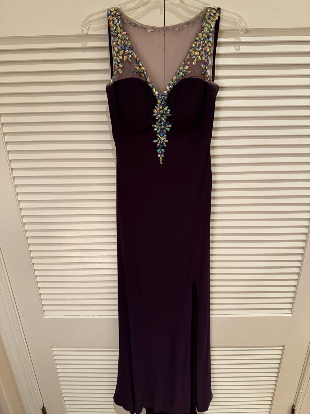 Embellished Deep Purple Prom Gown with V-Illusion Neckline